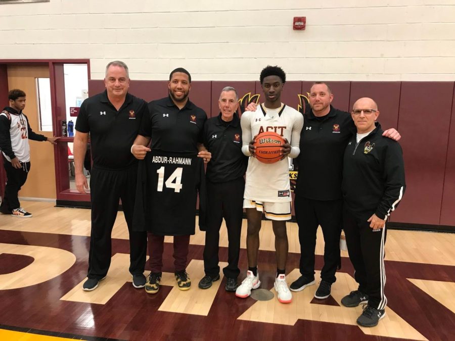 Abdul-Rahmann+with+the+ACIT+Boys+Basketball+coaching+staff+and+Athletic+Director+Dr.+Robert+Wagner+%28far+right%29+after+reaching+his+1%2C000+points.