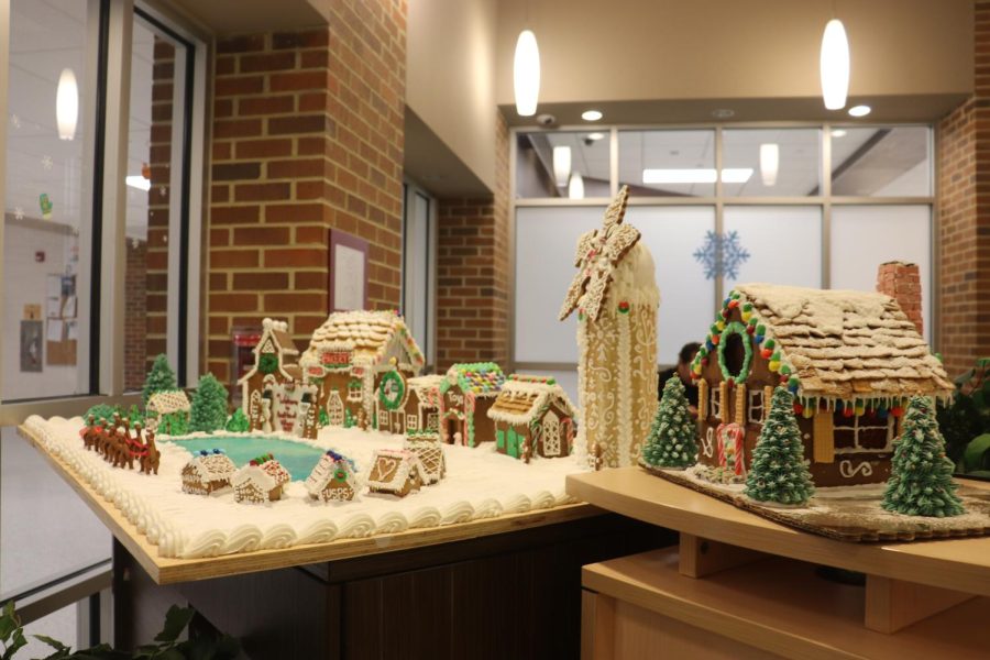 Gingerbread house village in the café made by chefs and students. After a few years they brought back this idea of a gingerbread display for the holidays. Baking students will make separate houses that will then be donated to children who are sick in the hospital over the holiday.